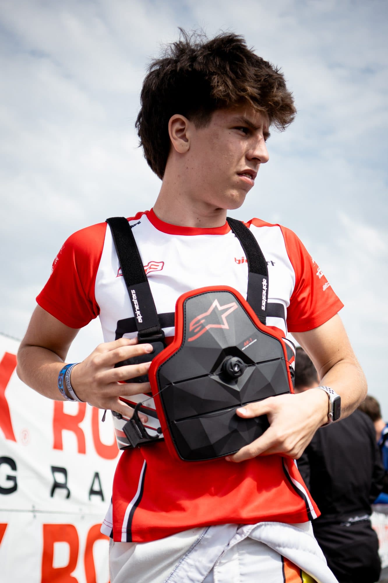Donát holding his rib protector, Le Mans